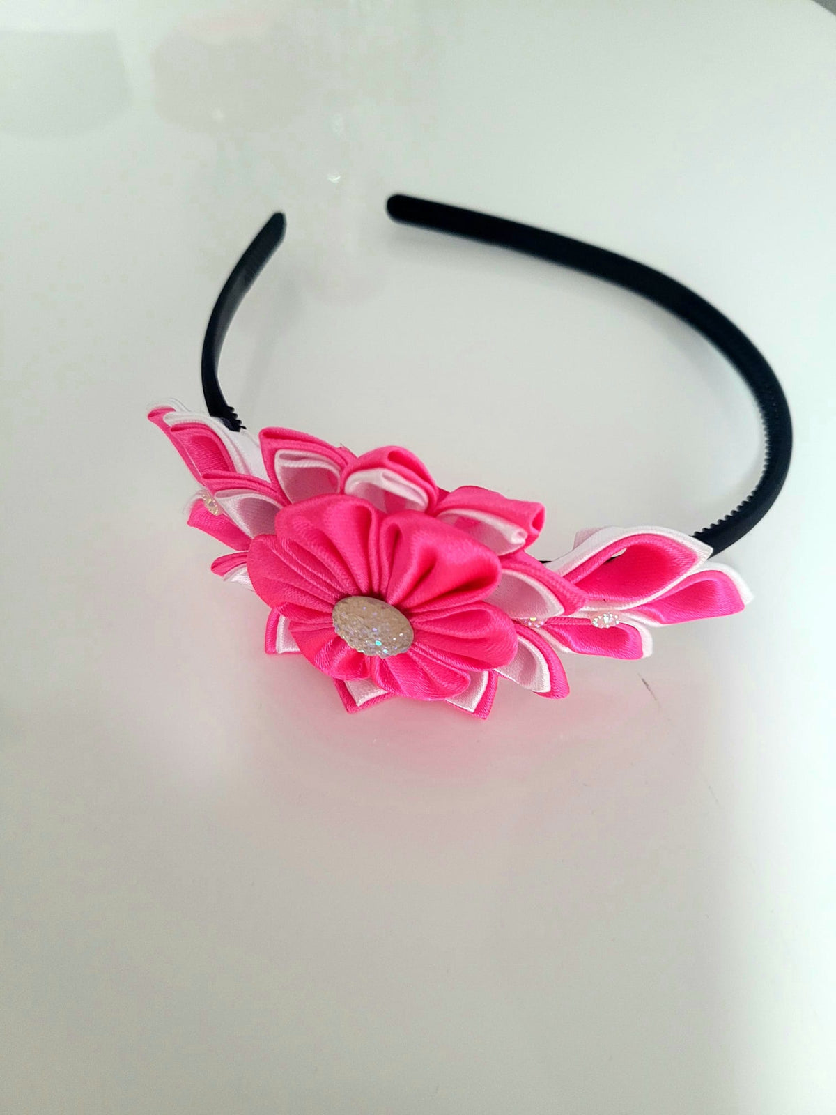 Kanzashi gėlių lankelis – ryškiai rožinis